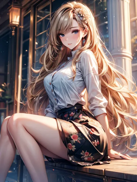 ((Highest quality, 8k, masterpiece: 1.3)), 1 girl, Slim Beauty: 1.3, (Long Hair: 1.2), Floral Skirt, Long legs: 1.1, Super delicate face, Beautiful Eyes, double eyelid, Outdoor, Octane Rendering