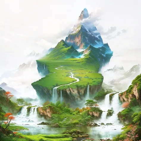 The picture of a waterfall and a mountain has a waterfall in the middle., Made of trees and fantasy valleys, Dreamscape Art, Detailed scenery - wide 672, Floating waterfall, 3D Virtual Landscape Painting, Nature wallpapers, landscape art, Beautiful natural...