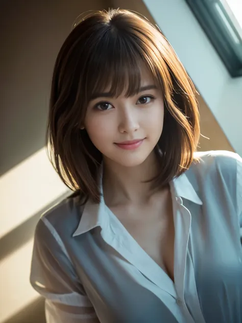 (Highest quality,8K quality,masterpiece:1.3),(Ultra-high resolution,Realistic:1.4,Live Shooting),(Very detailed,Caustics),(Ultra-Realistic Capture,Beautiful and detailed skin),1,Beautiful Japanese, Medium Hair, Messy Hair, Asymmetrical bangs, Brown Hair, I...