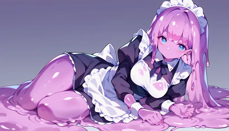 (score_9, score_8_up, score_7_up), 1girl, slime girl, purple skin, maid outfit, long hair, blue eyes, looking at viewer, innocen...