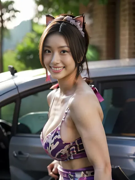 20 year old Japanese beauty，One woman、Muscular body like a bodybuilder、Emphasize the breasts、With a cat on his head、Slit eyes、A head-to-toe view，Bust is very very large、The background is inside the car、High quality photos、Clear, crisp images of the lower b...