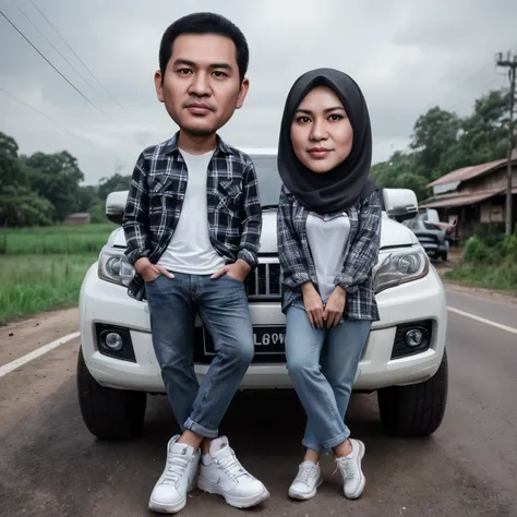 realistic 4D caricature photo, big head, photo of Indonesian-faced couple, adult male, 40 years old, round face, Neat short buzzcut black hair, wearing flannel shirt, white t-shirt, long jeans, sports shoes, an adult woman, 40 years old, wearing a hijab, w...