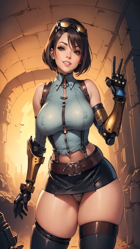 ((curvy thick)), steampunk diva, leather harness, ((shirt, mini skirt, bionic arms)), aviator goggles, darker catacombs, face detailing, semi grin, strong stance 