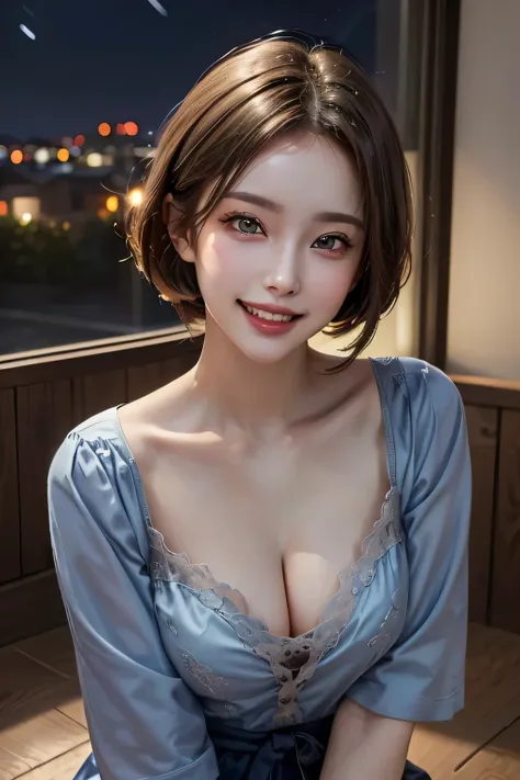 (highest quality, 8k, 32K, masterpiece), (Realistic), (Realistic:1.2), (High resolution), (night:1.7), Japan, cyber punk, 街の景Farbe, In front of the window,Wooden floor, Blue jacket, Grey Shirt, clavicle, jewelry, gem, Brunette Bob, 1 female, 4, (Grin), Bea...