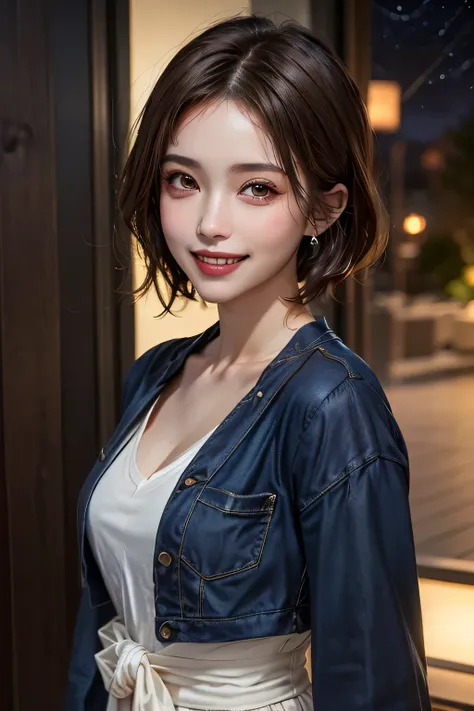(highest quality, 8k, 32K, masterpiece), (Realistic), (Realistic:1.2), (High resolution), (night:1.7), Japan, cyber punk, 街の景Farbe, In front of the window,Wooden floor, Blue jacket, Grey Shirt, clavicle, jewelry, gem, Brunette Bob, 1 female, 4, (Grin), Bea...