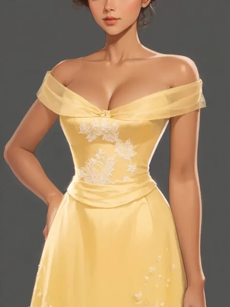 masterpiece, BEAUTIFUL illustration, ultra detailed, yellow dress, Victorian style, Victorian fashion, lace embroidery dress, open shoulders, dark tanned skin, tulle top and waist,