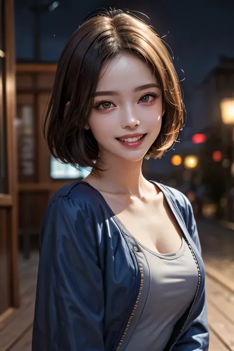 (highest quality, 8k, 32K, masterpiece), (Realistic), (Realistic:1.2), (High resolution), (night:1.7), Japan, cyber punk, 街の景Farbe, In front of the window,Wooden floor, Blue jacket, Grey Shirt, clavicle, jewelry, gem, Brunette Bob, 1 female, 4, (Grin), Bea...