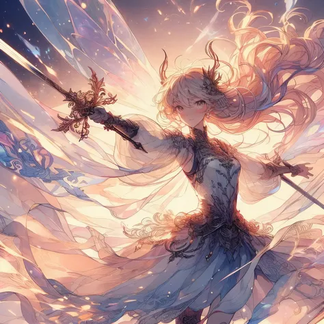 (Exquisite, beautiful, Very detailed, masterpiece, high quality,High resolution),(Soft thin lines:1.2, beautiful and delicate face),Dynamic Angle,Incandescent Battle Scenes,A brave and somewhat scarred fairy princess knight is fighting with a two-handed sw...