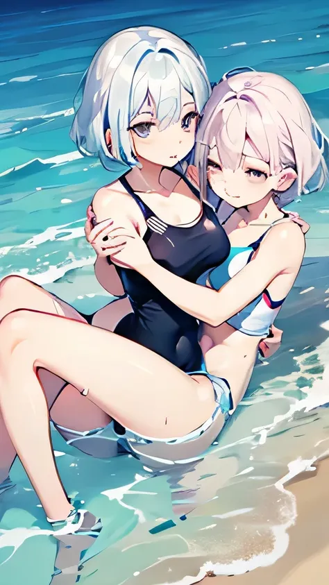 Highest quality、high resolution、Two Girls、Short white hair、Eyes closed、Hug each other、In the sea、Swimsuit、Entwining legs