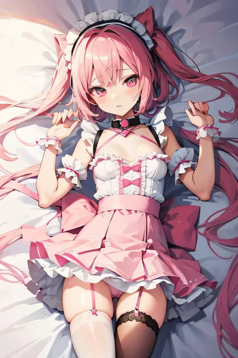 Young, lewd, submissive, pink and soft aesthetic, babycore, AI anime girl, extra short white and pink lingerie maid skirt, stockings, garters, fishnets, collar and leash, camera angle up. 