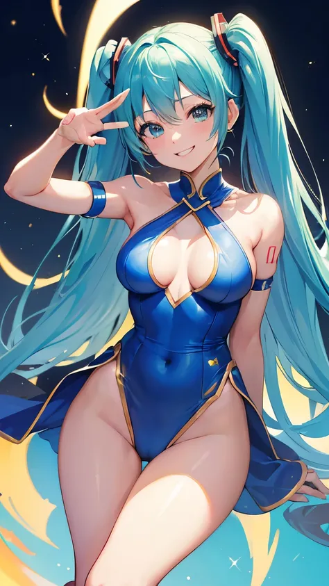 (((anime-style cute face)))、Hatsune Miku、Highest quality, （（Sharp details））, (8k, RAW Photos, Highest quality, masterpiece), (looking at the camera),((((Cute Smile))))、Very big eyes、Sparkling eyes、（anatomically correct body）、（（Good looking body balance））、B...