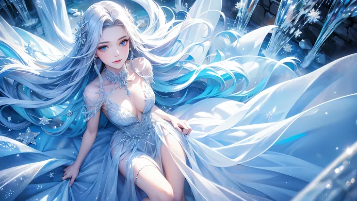 (Above the knees photo:1.5)wood, intricate mini ice spikes and crystals, A frozen waterfall in the background, Light reflected by ice crystals, Flowing snowflakes.1girl, pretty girl,A realistic person,Beautiful cleavage,((Small breasts)), Long dress、clear,...