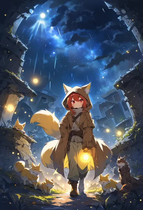 rating_safe, score_9, score_8_up, score_7_up, score_6_up, score_5_up, score_4_up, hires, highres, source_furry, cover page(kemono, furry anthro, boys, girls, fox, Golden fur, Golden yellow face fur, Red eyes, Brown elements on fur, Brown coat brown hood up...