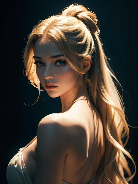 "Studio photography depicting a blonde woman from the back, a stunning, abstract, flowery, predominantly blue, white, upper body, centered, key visual, intricate, highly detailed art, breathtaking beauty, precise line art, vibrant, sweeping, cinematic, wit...