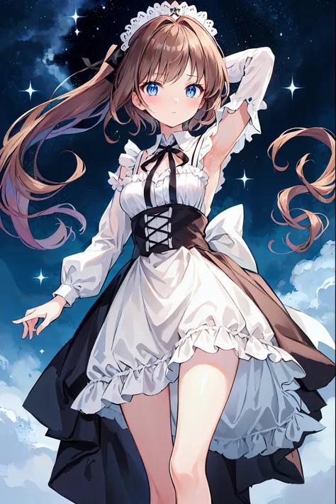 Brown Hair，Shortcuts，Messy Hair，Slender beauty，A dignified posture，Mid-chest，Beautiful feet,Her captivating grey-blue eyes shine like stars,,masterpiece, かわいいイラストのmasterpiece, A maid in a cute pose, Traditional Maid Clothing,Big ribbon ，Shake it，alone, gir...