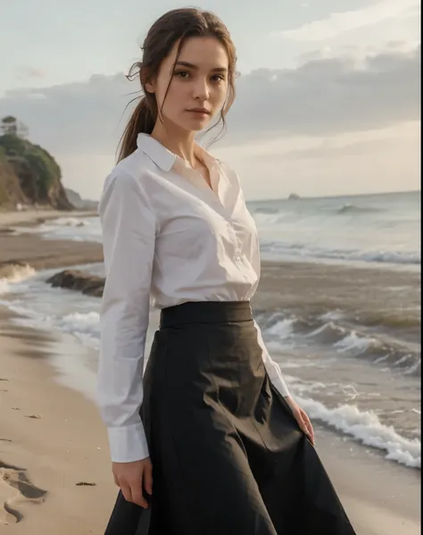 skinny short girl, tucked shirt, long skirt, long sleeves, at the beach