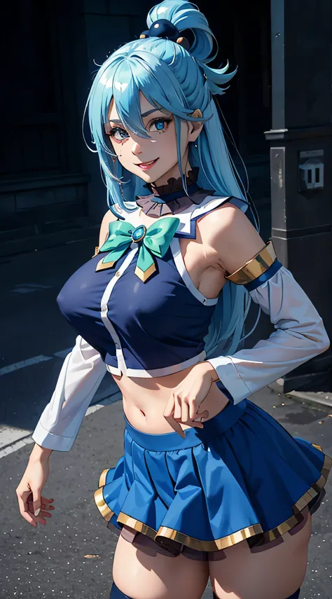 (masterpiece, best quality:1.2), expressive eyes, perfect face, highres, 1girl, solo, aaaqua, long hair, blue hair, hair rings, hair ornament, choker, bare shoulders, green bow, blue shirt, detached sleeves, blue skirt, thighhighs, happy smiling, standing,...