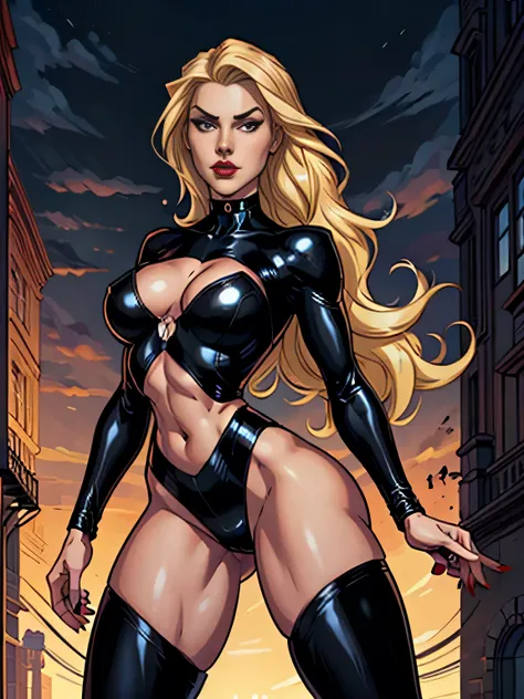 (best qualityer, work-πrhyme: 1.3), 1girl, Long blonde hair FLOWING IN THE WIND, rosto da Gwen Satacy, face perfect, perfect hands, perfect toes, crop-top, wearing a black latex catsuit with a large black widow style neckline, standing, (make-up), (brawny:...