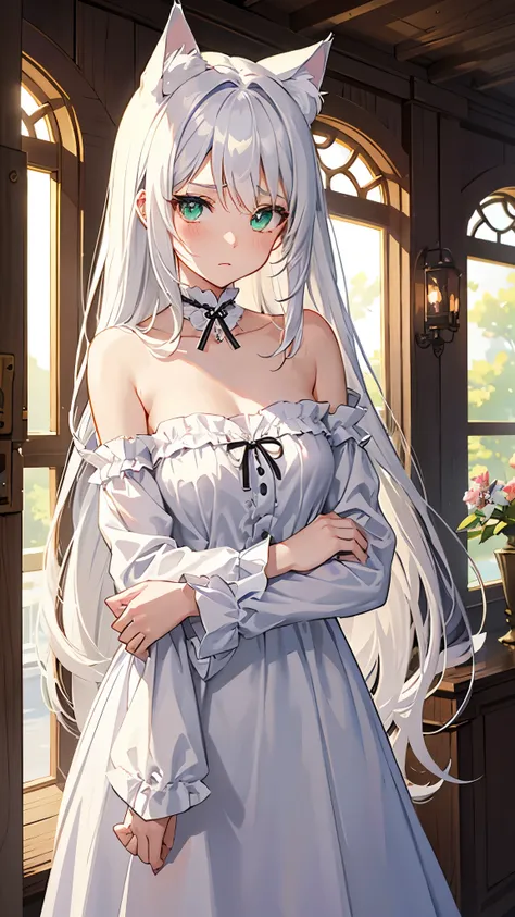 Highest quality image、Anime style illustrations、midnight、Fantasy、cat ears、beautiful、Dimly lit、Woman by the window、20-year-old、White Hair、Long Hair、Eyes glowing green、White camisole、Great style、Embarrassed look、cute、A woman with her arms behind her back loo...