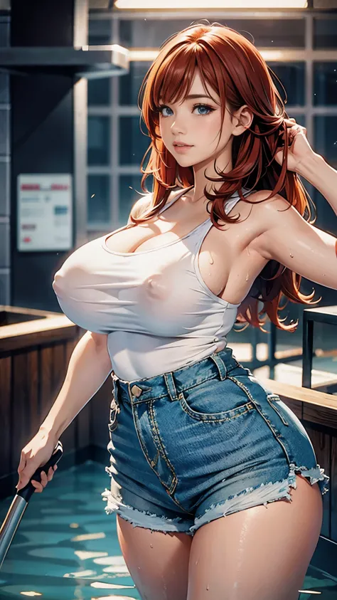 Top quality, ultra-realistic and highly detailed colors, fine details, delicate lines, the beautiful woman has incredibly large saggy breasts, a tight waist, a super beautiful woman, no frame splitting,A beautiful woman scrubs the floor of a public bath wi...