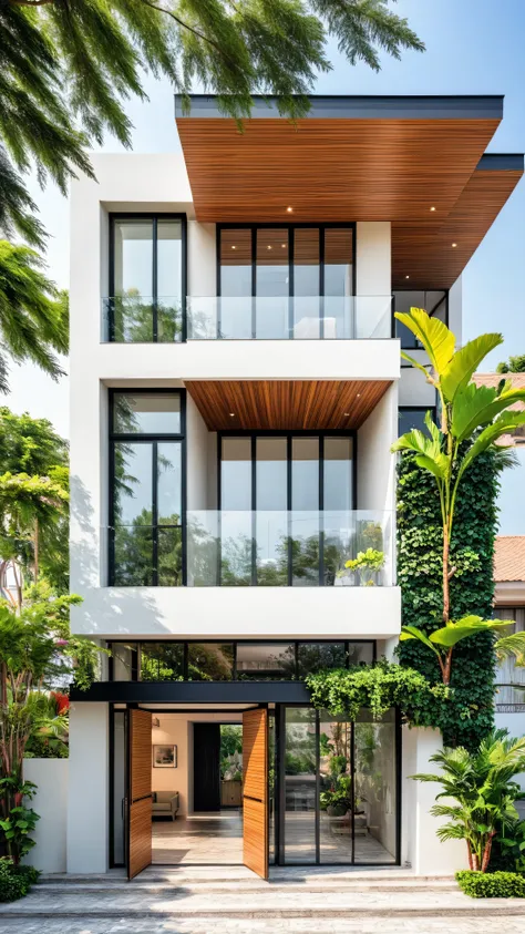 outdoor, modern villa on street, white tone, lush shrub, vibrant ambiance, joyful, wooden ceiling, masterpice, best quality