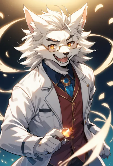 rating_safe, score_9, score_8_up, score_7_up, score_6_up, score_5_up, score_4_up, hires, highres, source_furry, cover page(kemono, furry anthro, angelic handsome 1boy, Smiling embarrassedly, glasses)professor, Lab of a crazy alchemist, chemical that shines...