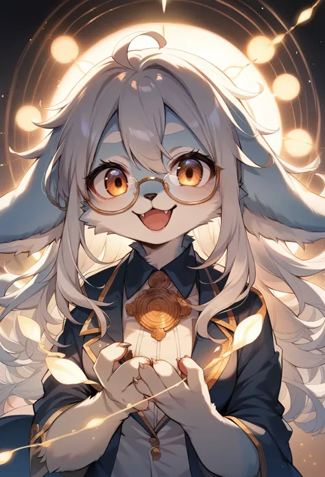 rating_safe, score_9, score_8_up, score_7_up, score_6_up, score_5_up, score_4_up, hires, highres, source_furry, cover page(kemono, furry anthro, angelic 1girl, Smiling embarrassedly, glasses)professor, Lab of a crazy alchemist, chemical that shines, Beauti...