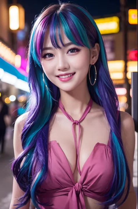 high quality, real、High resolution, Realistic、8k、masterpiece, detailed.impressive, Cutting-edge female photography portraits、Happy expression、smile、Looking at the camera、cyan, and purple, Her vibrant makeup really catches the eye.. Her colorful hair is tie...