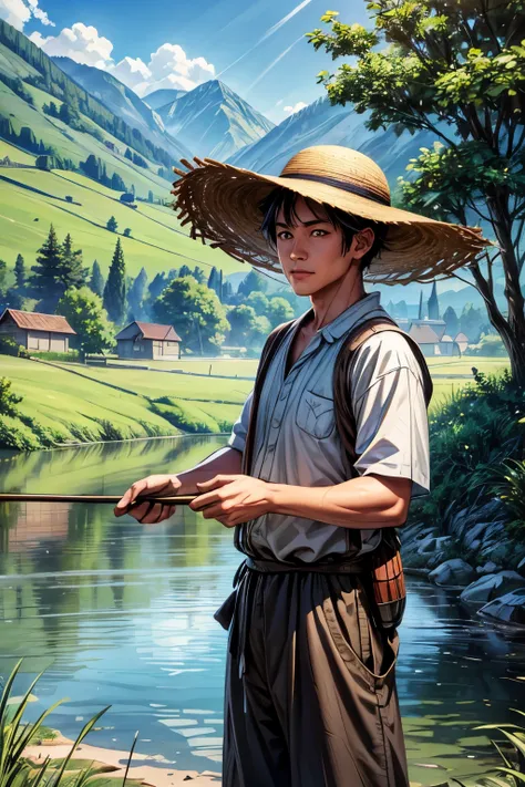 a guy wearing straw hat, village landscape, near a river bank, fishing rod, best quality, 8k, extremely detailed, masterpiece, r...