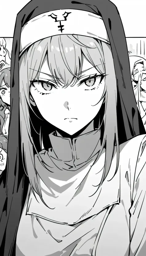 a beautiful women in nun dress staring at me with indifferent gaze, like i'm not existing for her, black and white manga image.