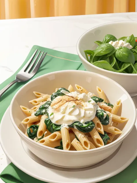 a photo of a pasta dish with spinach and ricotta. the pasta is penne, and it is covered with a creamy sauce made from ricotta,sp...