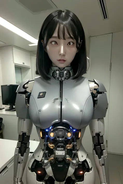 masterpiece, best quality, extremely detailed, Japaese Cyborg girl,Plump , control panels,android,Droid,Mechanical Hand, Robot arms and legs, Black Robot Parts,Black hair,Mechanical body,Blunt bangs,White robotics parts,perfect robot girl,future informati...