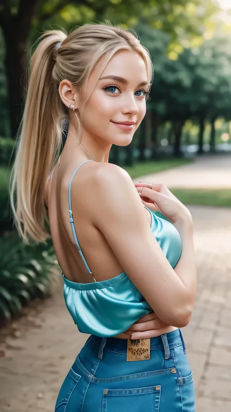 Realistic full body photo of a smiling, beautiful blonde woman, ponytail hairstyle, She dances in front of the camera in a long satin plunge cami top with tight jeans ...., Park,glamour fotoshooting, Park, perfect anatomy, perfect blue eyes. Perfect hands ...