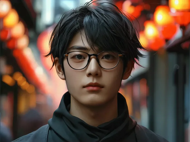 Japanese male teenager with glasses in street with trending fashion 