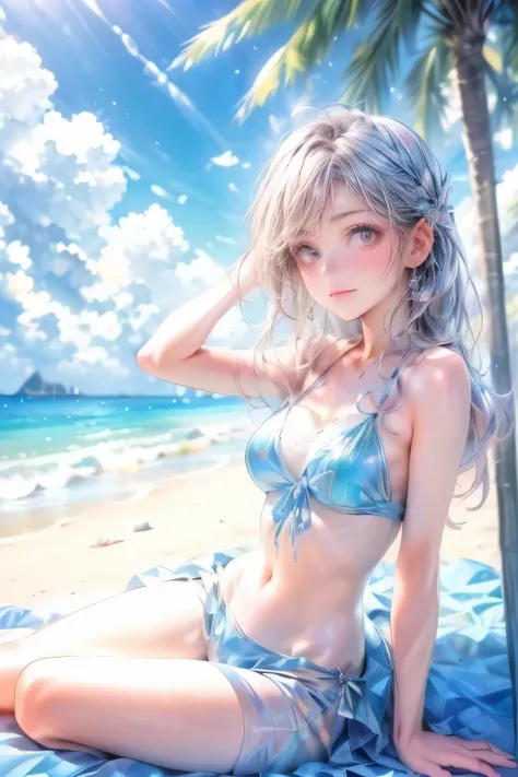 a surreal snow world princess relaxing on a tropical beach, ethereal ice crystals floating in the air, shimmering waves lapping at the shore, lush palm trees swaying gently, diffused sunlight casting a soft glow, serene and dreamlike atmosphere, highly det...