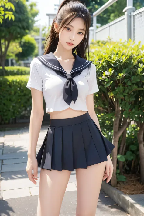 (ultra hd), (looking at me), (the whole body is shown), (black short-sleeved sailor suit, black low rise mini skirt), big breast...