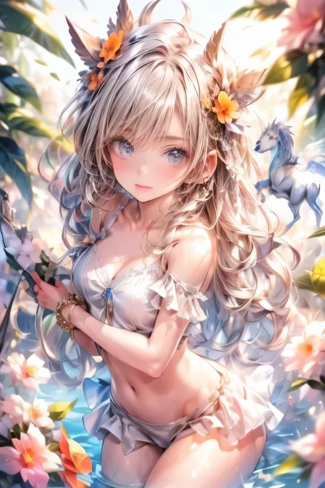 a cute centaur girl, elegant and gorgeous frilled bikini, fragrant flowers, bare shoulder, intricate detailed face, longeyelashes, detailed lips, detailed navel, detailed thigh, (best quality,4k,8k,highres,masterpiece:1.2),ultra-detailed,(realistic,photore...