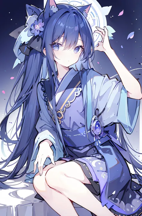 (Masterpiece:1.2)，Ultra-detailed，lifelike，The eyes are expressive，Fair skin，Perfect face shape，1 girl，Japanese Manga，Gorgeous blue hair，Flowing blue hair，Flowing clothes，Cat ears，Petals falling，Shy face，sitting on window，Place your hand on your lips,master...