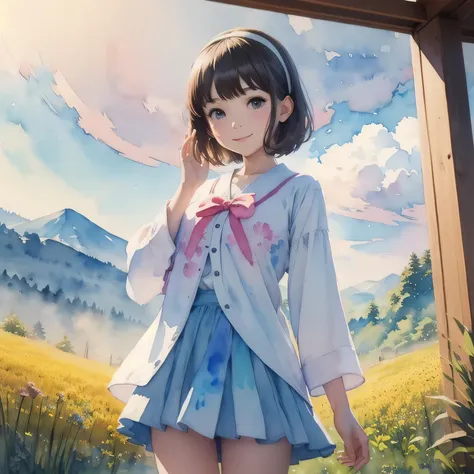 (masterpiece), (Highest quality), (Super detailed), 1 girl, Late teens, Are standing, wave hands, Thigh Focus, From below, school uniform, Seraphim, hair band, Bobcut, Brown Hair, smile, View your viewers, Japanese countryside scenery, Paddy field, Gravel ...