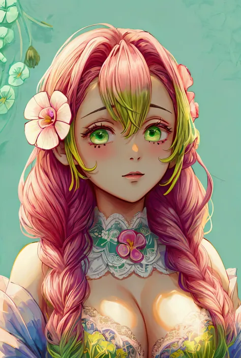 Convert your flower art into a hand-drawn illustration.、Create backgrounds with vibrant colors and unique touches　The type of flower is statice、Gypsophila、sweet pea、Mix in some lace flowers, portrait, face portrait, big breasts, cleavage, pink hair, green ...