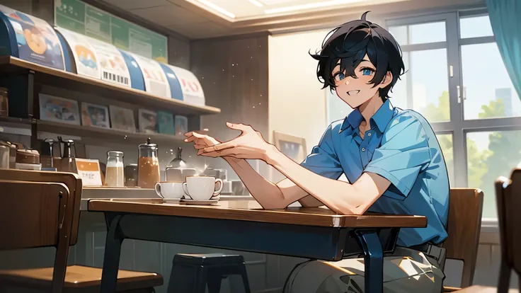 A very cool high school boy in a school uniform、Very happy expression、Black Hair、Short Hair、Blue sparkling eyes、Inside the cafe、Coffee on the table、One person、solo、Retro anime style