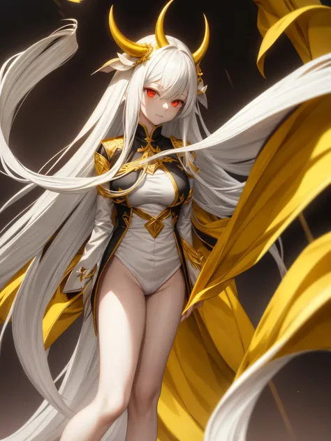 Woman, adult, long white hair with yellow tips, red eyes with yellow, gilded horns, アニメ