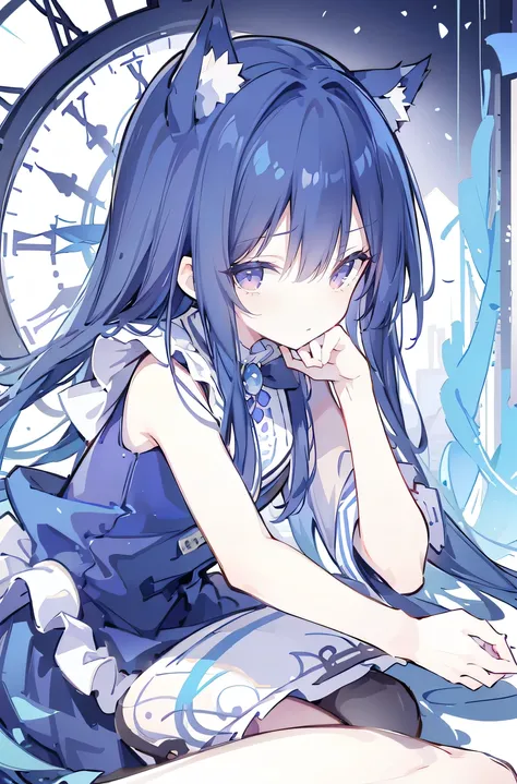 (Masterpiece:1.2)，Ultra-detailed，lifelike，The eyes are expressive，Fair skin，Perfect face shape，1 girl，Japanese Manga，Gorgeous blue hair，Flowing blue hair，Flowing clothes，Cat ears，Petals falling，Shy face，sitting on window，Place your hand on your lips,master...