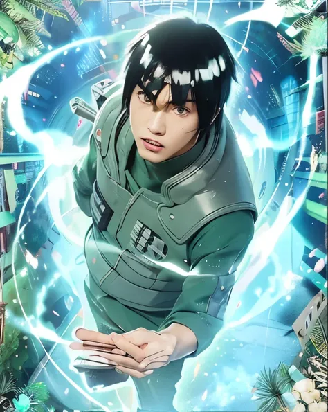 Might guy, Naruto shippuden caracter, male, black hair, black eyes, green anbu uniform, electrick background effect, ultra realistic, ultra detailed, best quality, masterpiece.