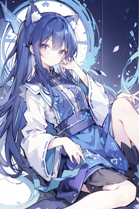 (Masterpiece:1.2)，Ultra-detailed，lifelike，The eyes are expressive，Fair skin，Perfect face shape，1 girl，Japanese Manga，Gorgeous blue hair，Flowing blue hair，Flowing clothes，Cat ears，Petals falling，Shy face，sitting on window，Place your hand on your lips,master...