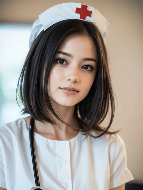 1. Pure Woman,(Wearing white nurse clothes:1.2),(RAW Photos, Highest quality), (Realistic, photo-Realistic:1.4), masterpiece, Two very delicate and beautiful women, Very detailed, Great Skin, Detailed face, Cool smile、Clean look、 Sparkling eyes, double eye...