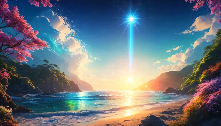 Portrait Photography、{{masterpiece}}, Highest quality, Highly detailed Unity 8k wallpaper, Cinema Lighting, Lens flare, Landscapes with beautiful details,  You can see the ocean, colorful light, particle, Heterochromia iridis, (colorful:1.5), 