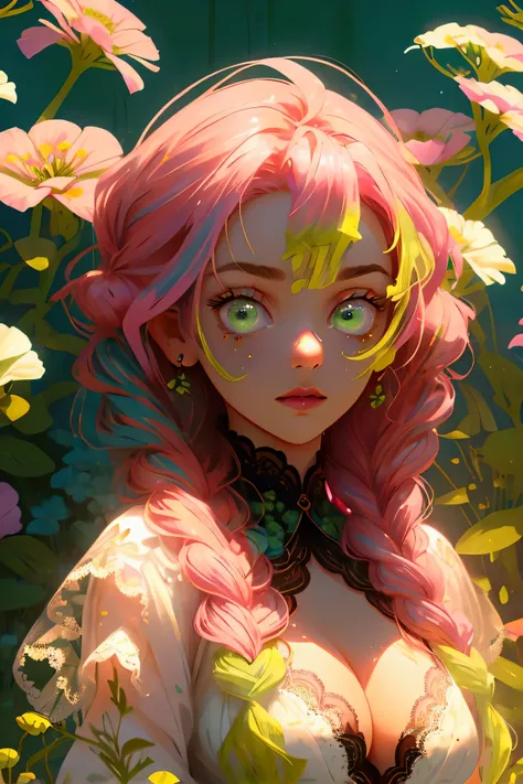 Convert your flower art into illustration.、Create backgrounds with vibrant colors and unique touches　The type of flower is statice、Gypsophila、sweet pea、Mix in some lace flowers, big breasts, cleavage, pink hair, green eyes, (green highlights), green braids...