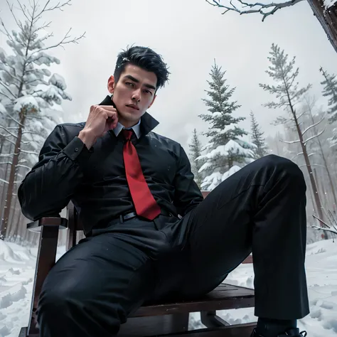 Age 27,One Man,Tall handsome man、Black Shirt、Red tie、Black gloves、Forest、Sitting with legs apart on the snow、 ,Black Hair、Very short hair、Asian Face　　Seen from below　Cool