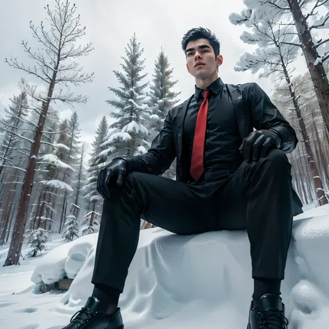 Age 27,One Man,Tall handsome man、Black Shirt、Red tie、Black gloves、Forest、Sitting with legs apart on the snow、 ,Black Hair、Very short hair、Asian Face　　Seen from below　Cool